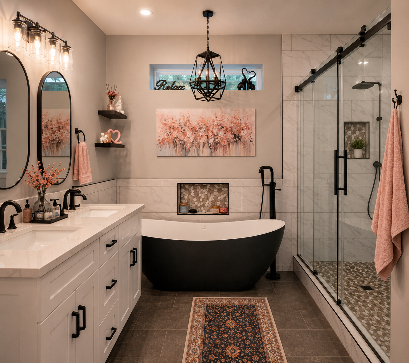 Primary bathroom remodel with a freestanding black tub, custom tile, chandelier lighting, vanity, and walk-in shower